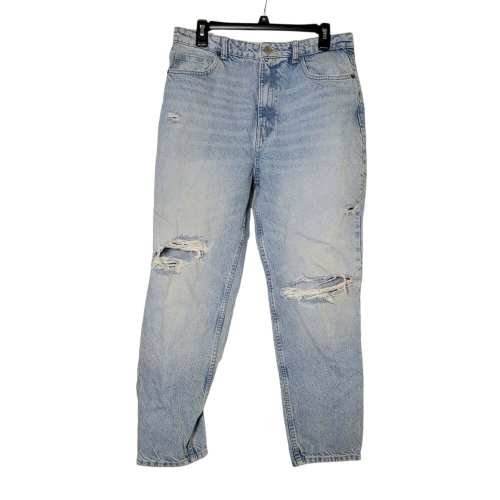 Zara Distressed Mom Jeans Light Wash High Rise Ripped Knee Denim Sz 10 Grunge